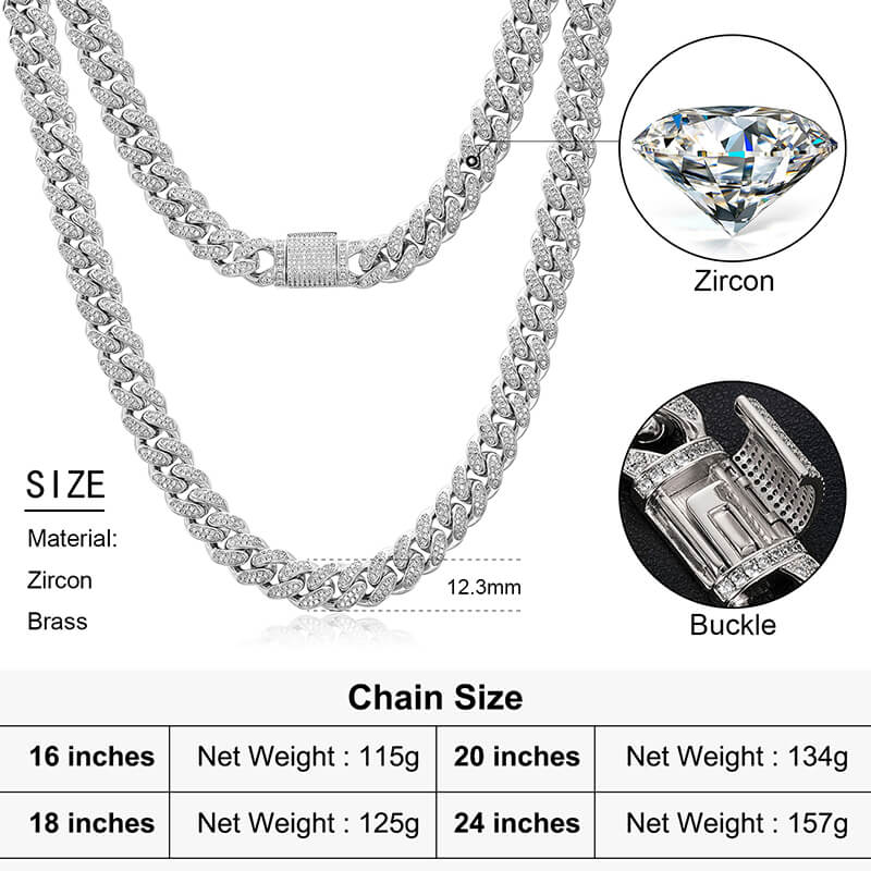 12mm 2 row iced out Miami Cuban chain width and detail view