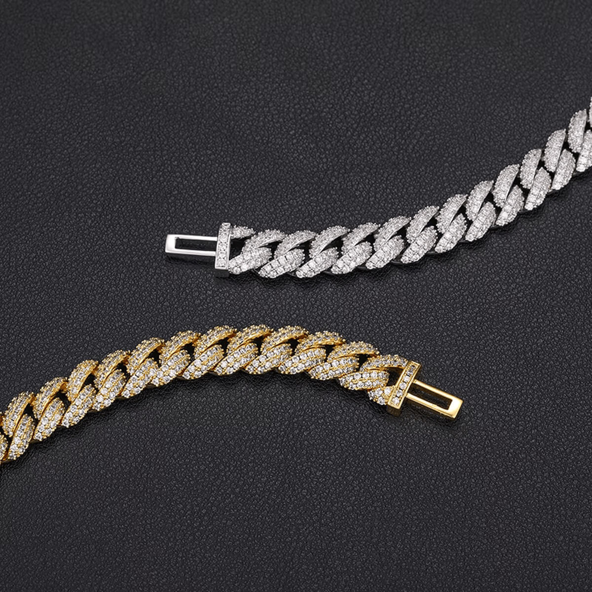 close view of clasp lock on 8mm gold and silver iced out Miami Cuban bracelet