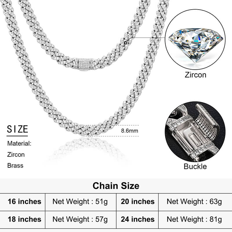 close-up of 8mm iced out Miami Cuban chain links with diamond look stones