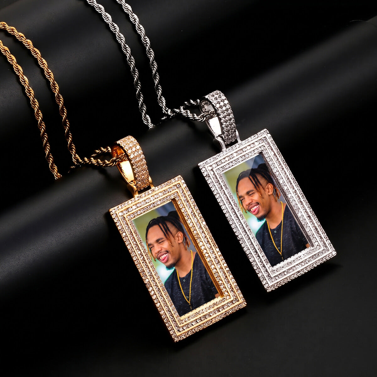 Two engraved memory pendant, Side angle of engraved memory pendant necklace