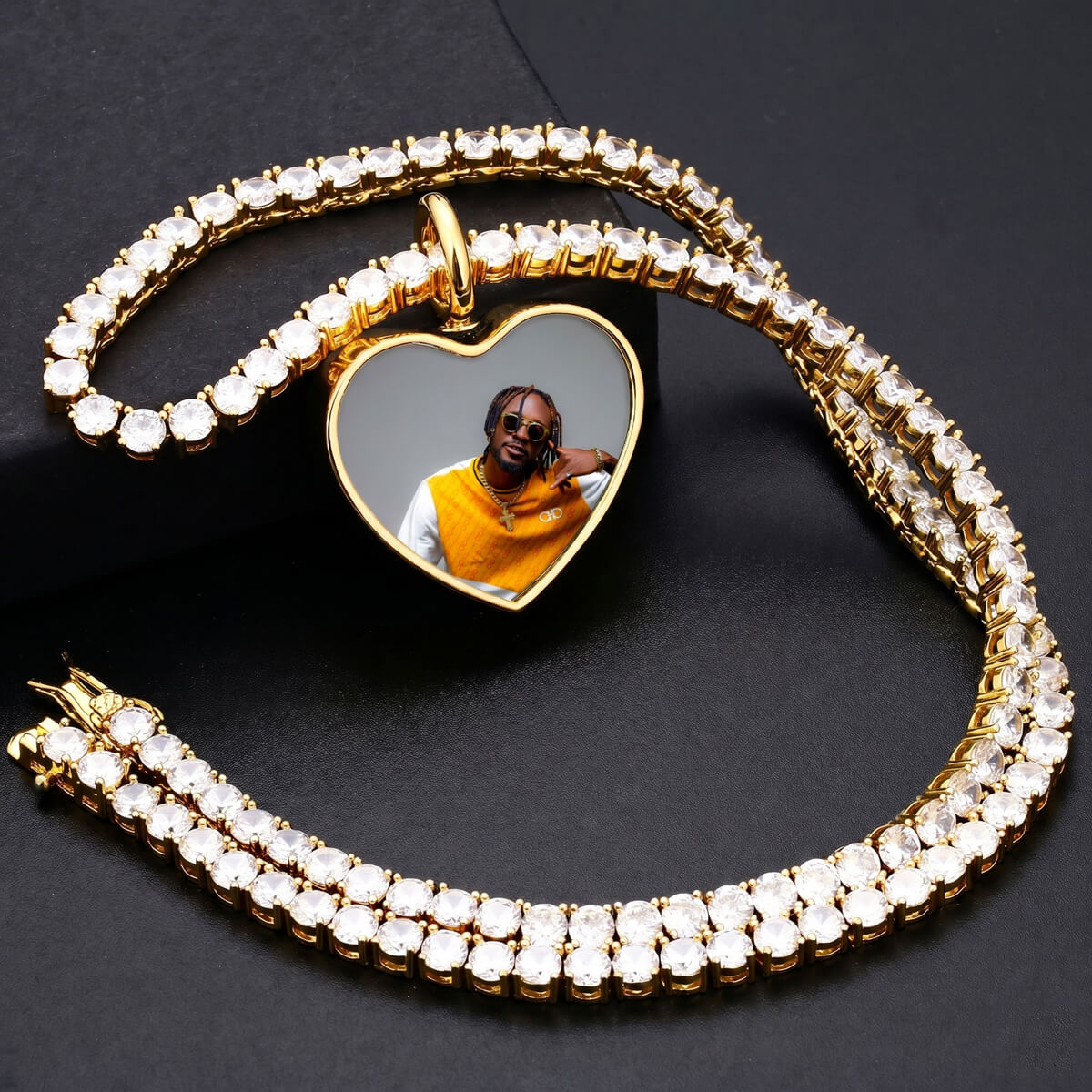 Close-up of heart memorial picture pendant