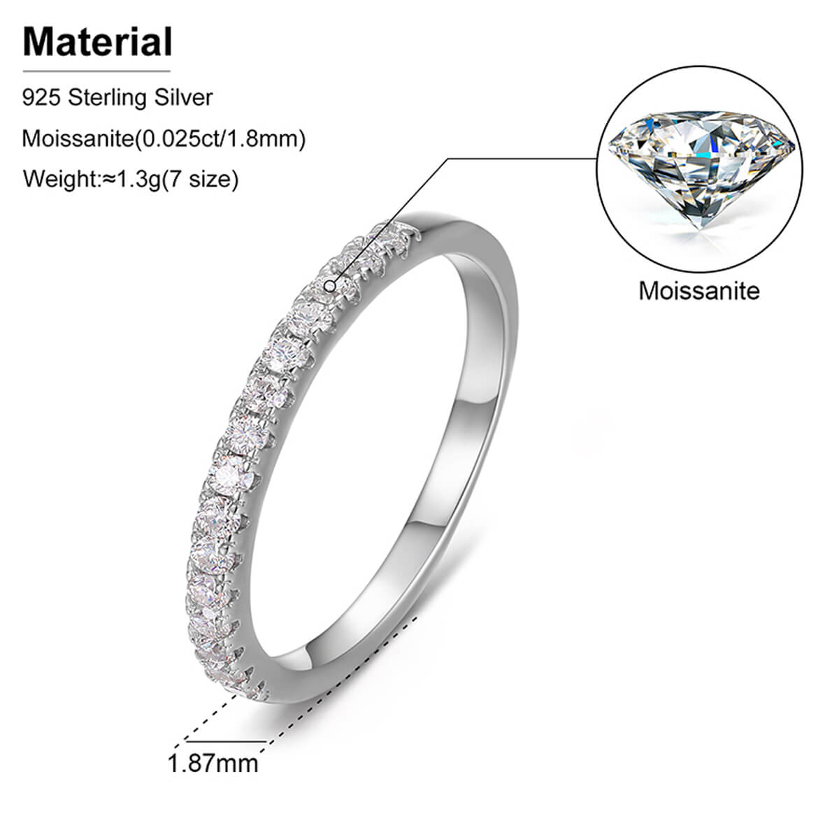 Micro Pavé Half Eternity Wedding Ring specifications featuring 23 white Moissanite stones and 0.23 carat total stone weight.
