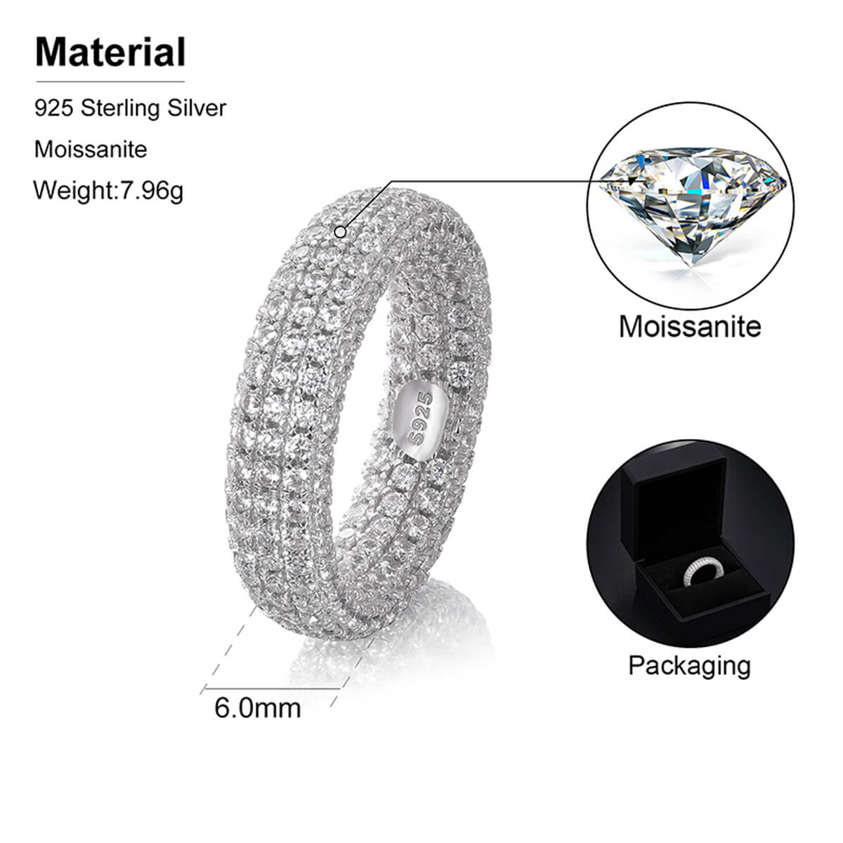 Silver ring with moissanite stones, showing material details and packaging.