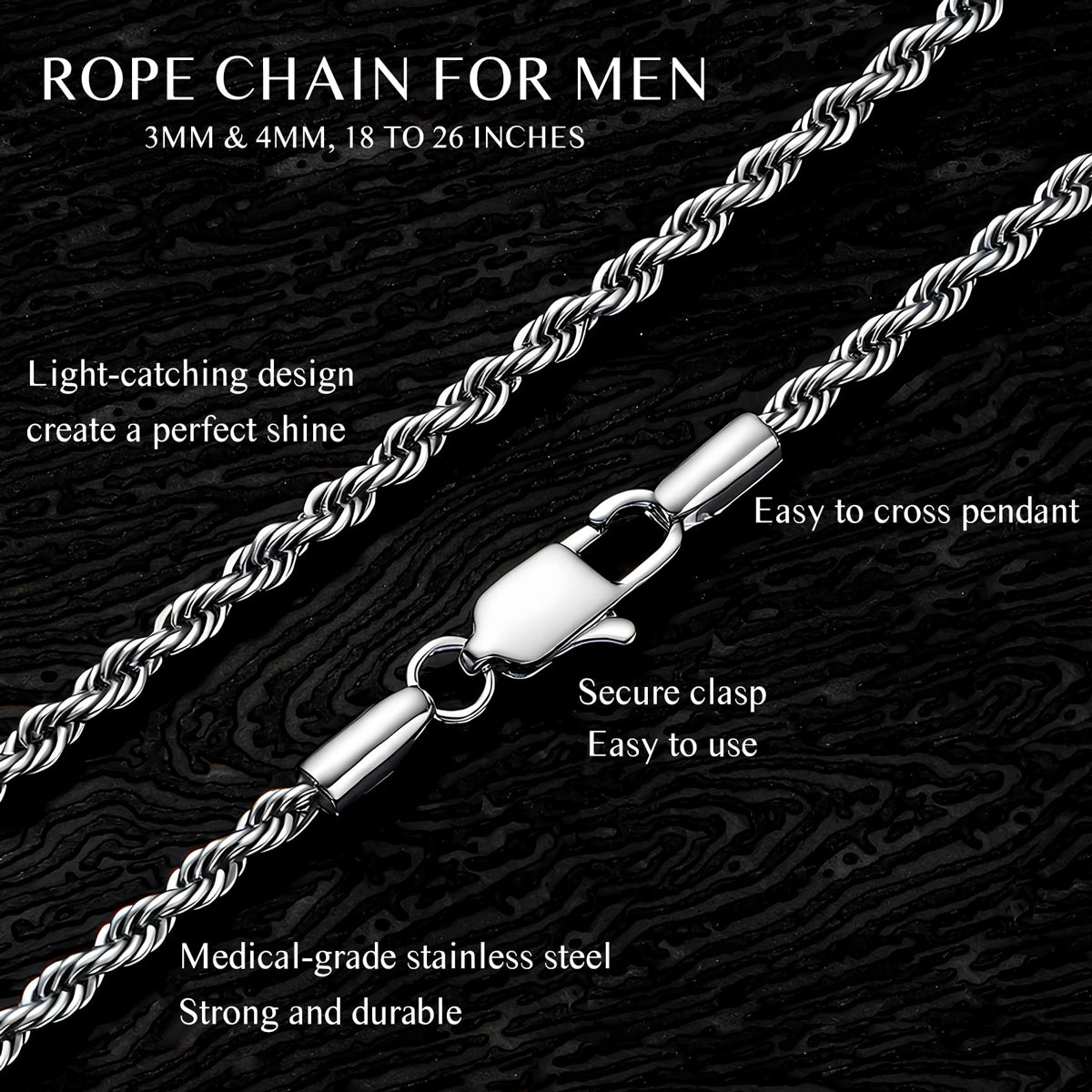 detailed silver stainless steel rope chain necklace view