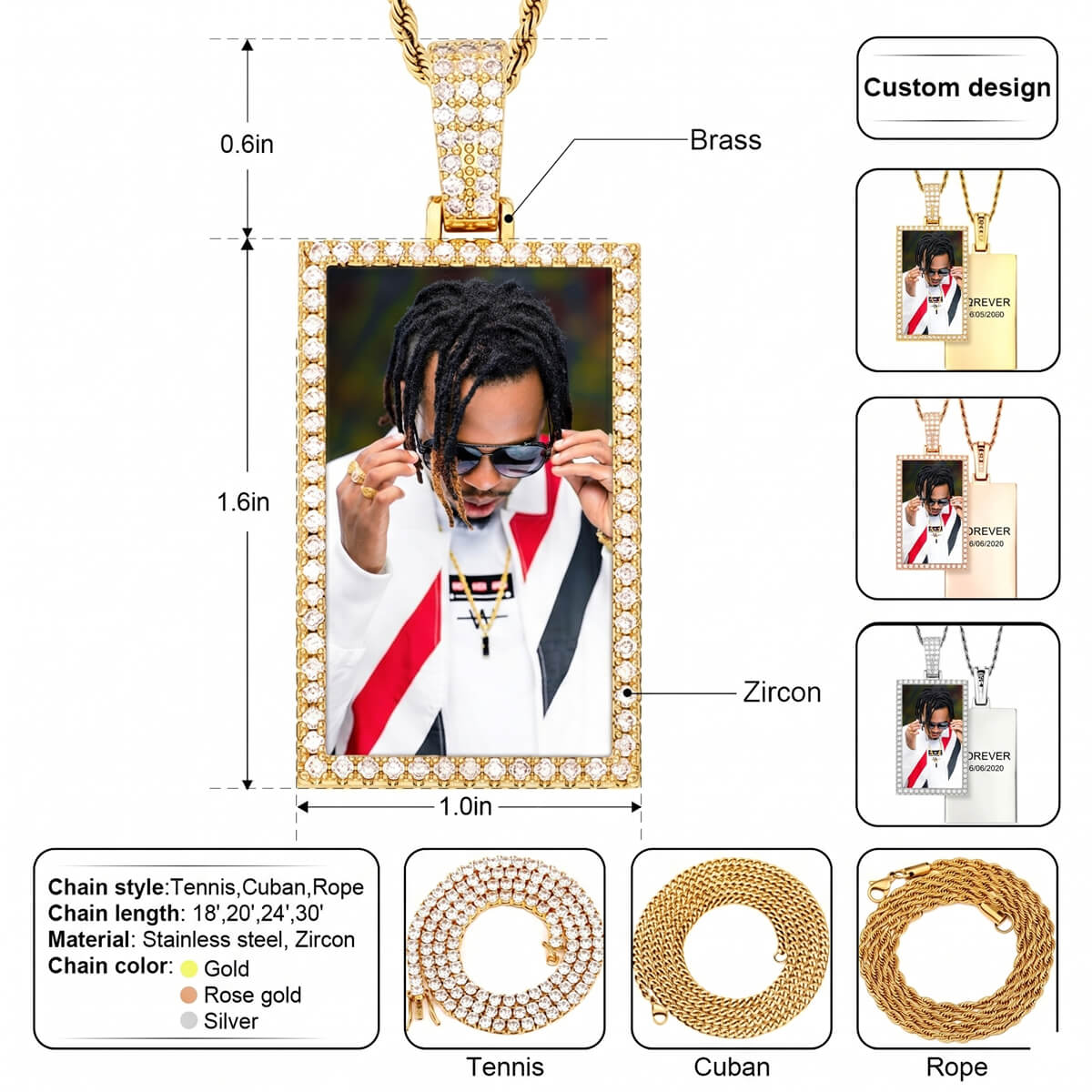 custom iced out pendants with customizable design, chain options, and measurements.