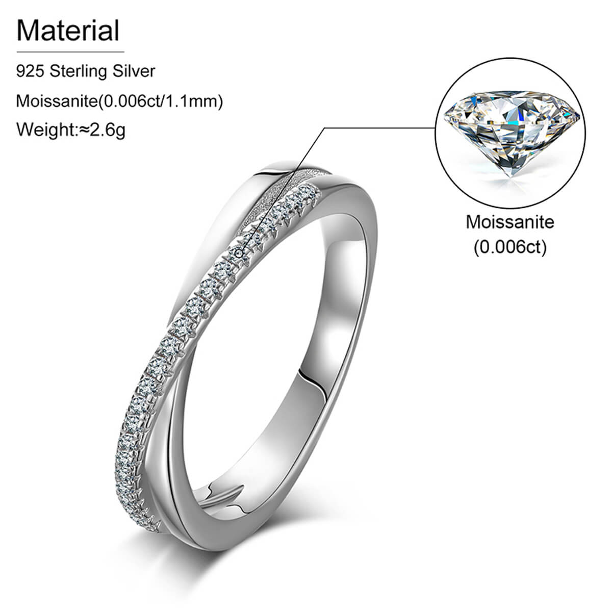 Twisted Crossover Wedding Band Ring specifications featuring 23 white Moissanite stones and 0.12 carat total stone weight.