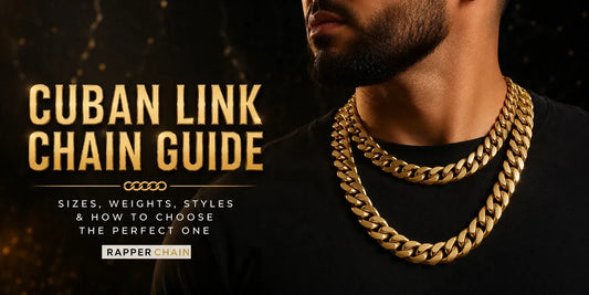 Gold Cuban link chains worn by a model for a complete Cuban link chain buying guide.