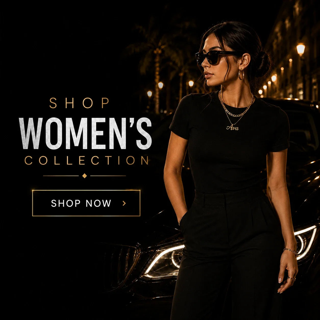 Woman wearing premium gold and silver jewelry with Shop Women's banner by Rapper Chains.