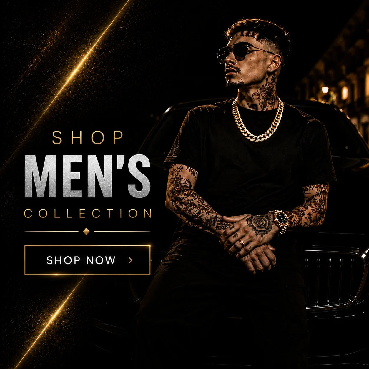Luxury men's Cuban chain and hip hop jewelry hero banner with premium black background.