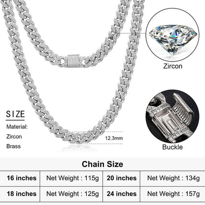 12mm 2 row iced out Miami Cuban chain width and detail view