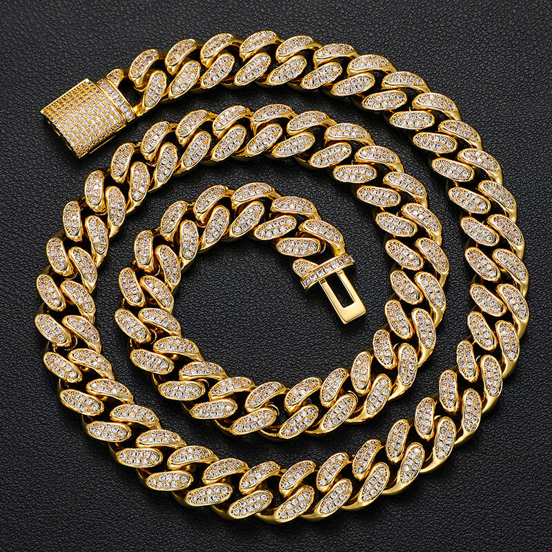 12mm 2 row gold iced out Miami Cuban chain necklace hip hop jewelry