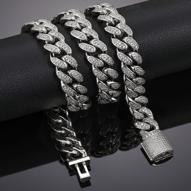 close-up of 12mm silver iced out Miami Cuban chain links