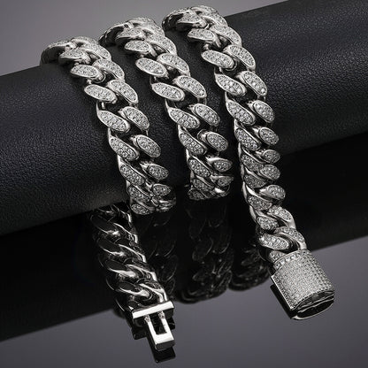 close-up of 12mm silver iced out Miami Cuban chain links