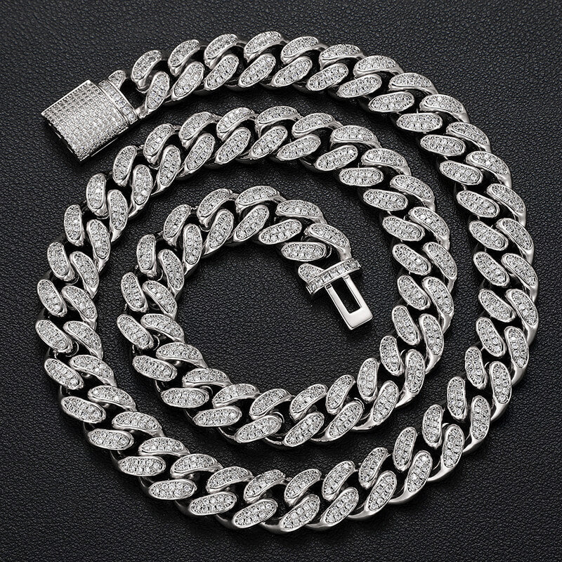 12mm 2 row silver iced out Miami Cuban chain necklace for men
