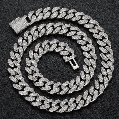 12mm 2 row silver iced out Miami Cuban chain necklace for men