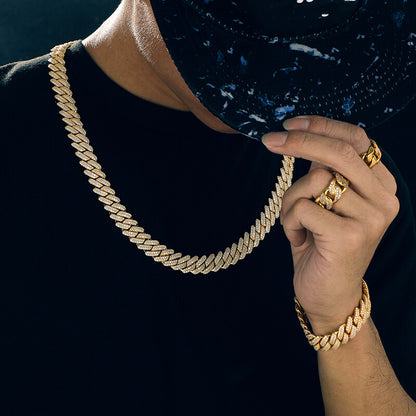 man wearing gold 13mm 3 row iced out Miami Cuban chain necklace