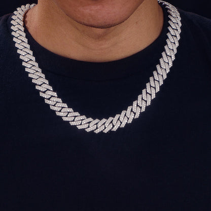 man wearing silver 13mm 3 row iced out Miami Cuban chain necklace