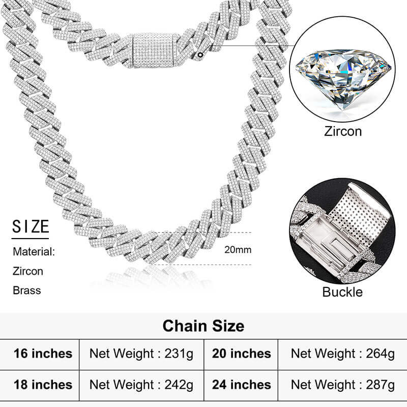 20mm 3 row iced out Miami Cuban chain width and detail view