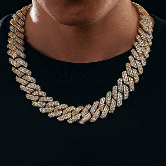 man wearing gold 20mm 3 row iced out Miami Cuban chain necklace