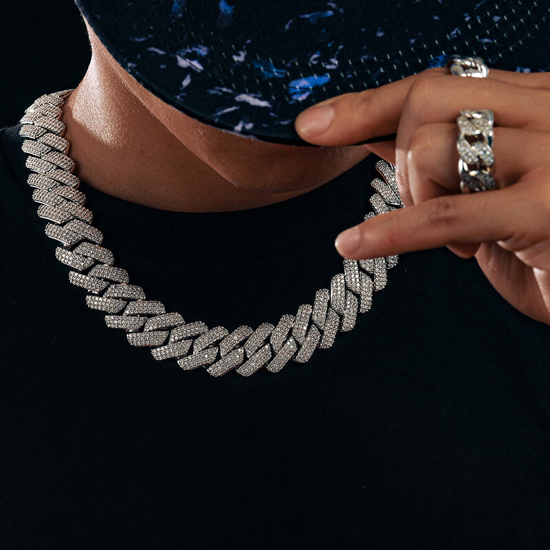man wearing silver 20mm 3 row iced out Miami Cuban chain necklace