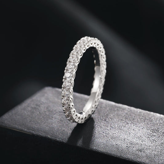 2.45mm silver iced out couple ring with sparkling CZ stones