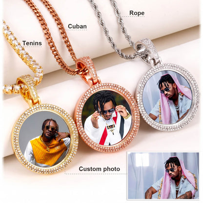 Three necklaces with round pendants, Close-up of 2 row custom memorial chain