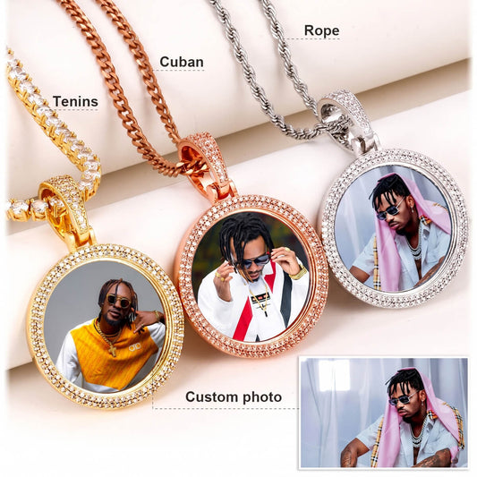 Three necklaces with round pendants, Close-up of 2 row custom memorial chain