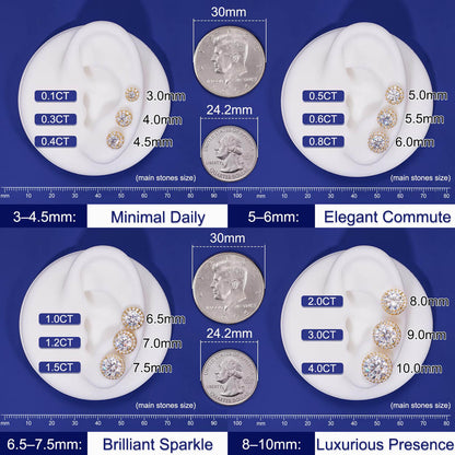 Earring size chart with measurements and stone sizes on a blue background