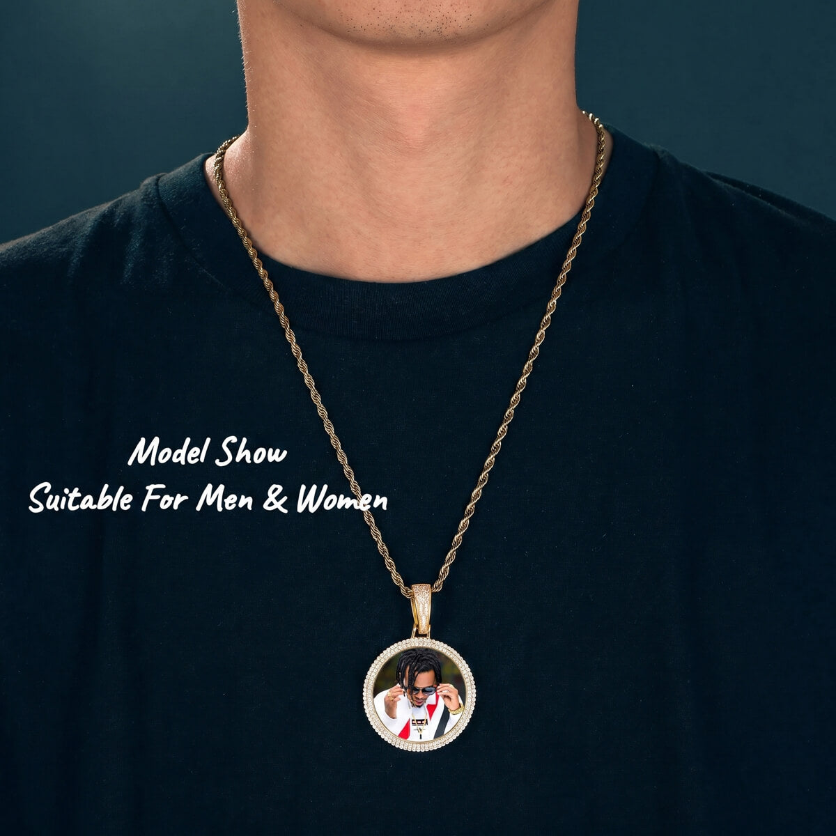 Necklace with a pendant featuring,
Person wearing 2 row custom memorial chain