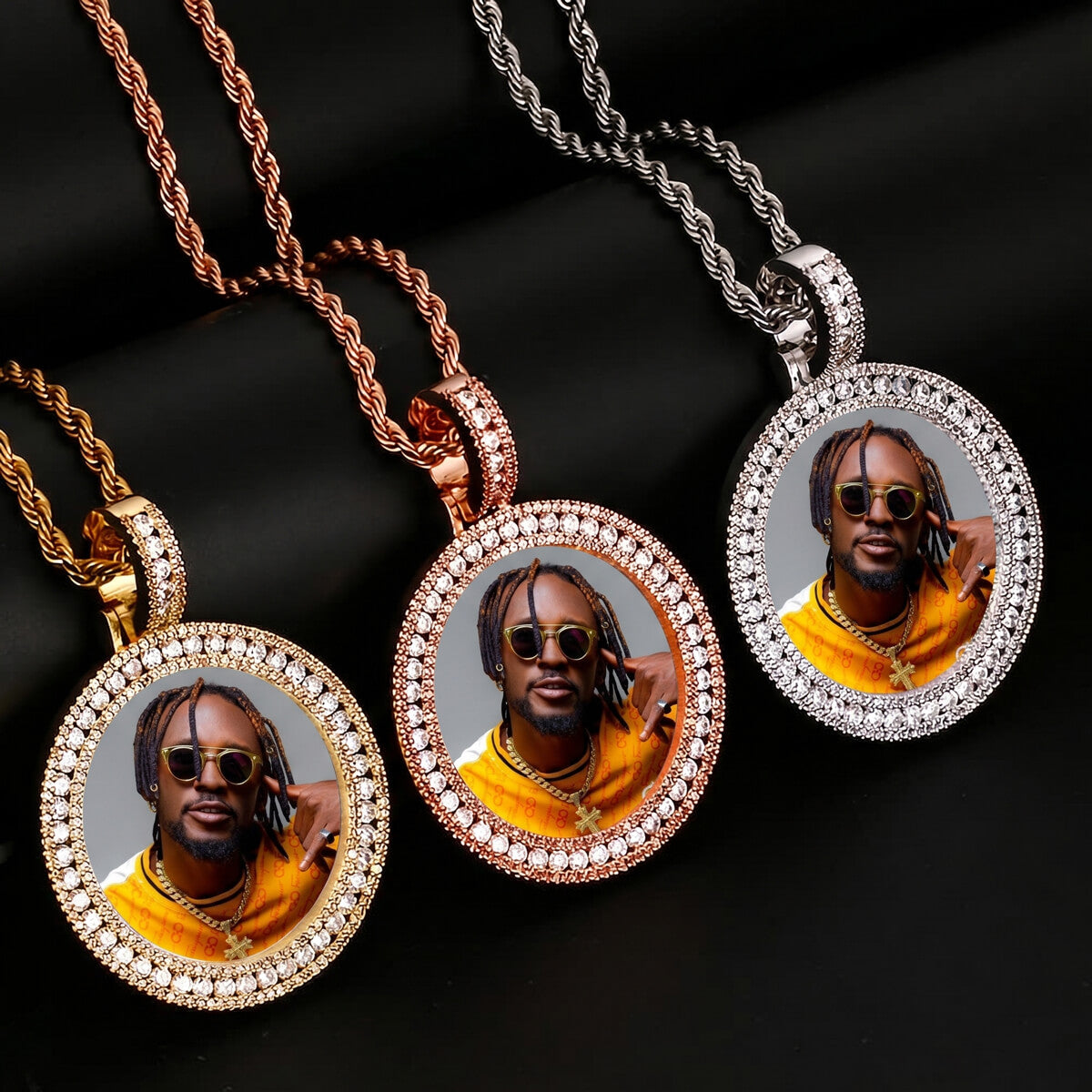 Three necklaces with circular pendants , iced out 3D picture pendant