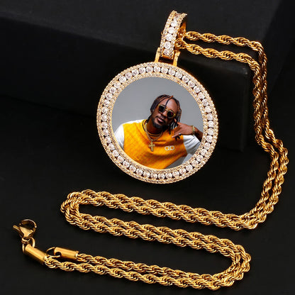 Close-up of iced out 3D picture pendant