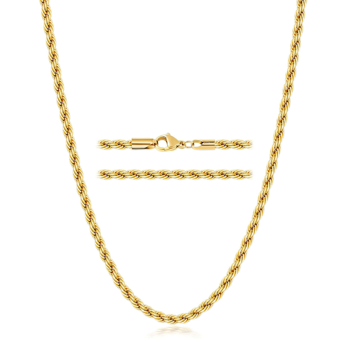3mm gold stainless steel rope chain necklace for men and women