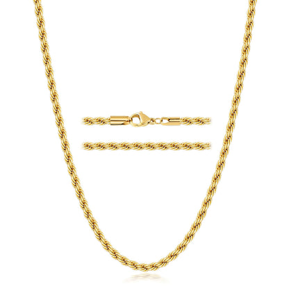 3mm gold stainless steel rope chain necklace for men and women