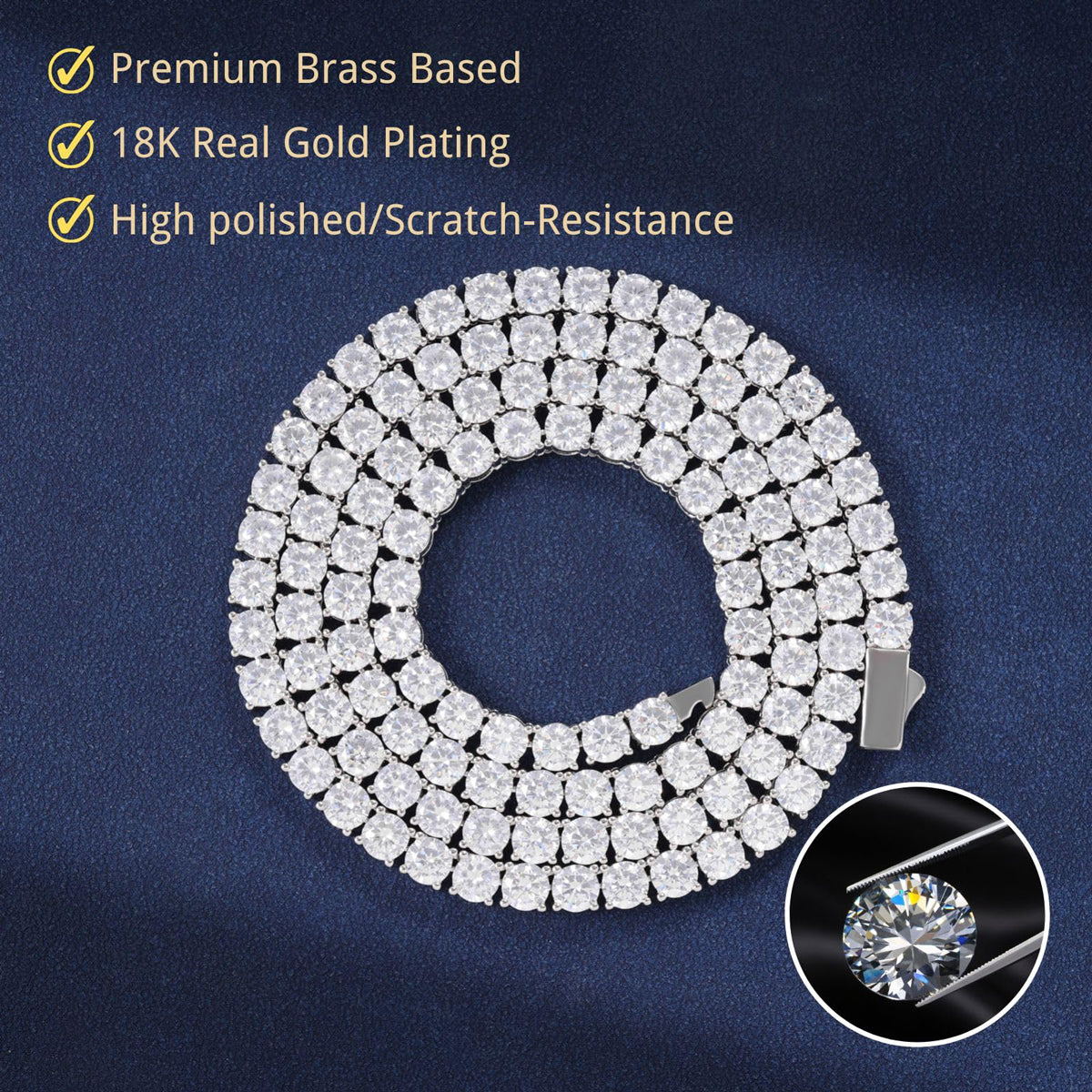 mens 3mm tennis chain silver necklace with cubic zirconia stones