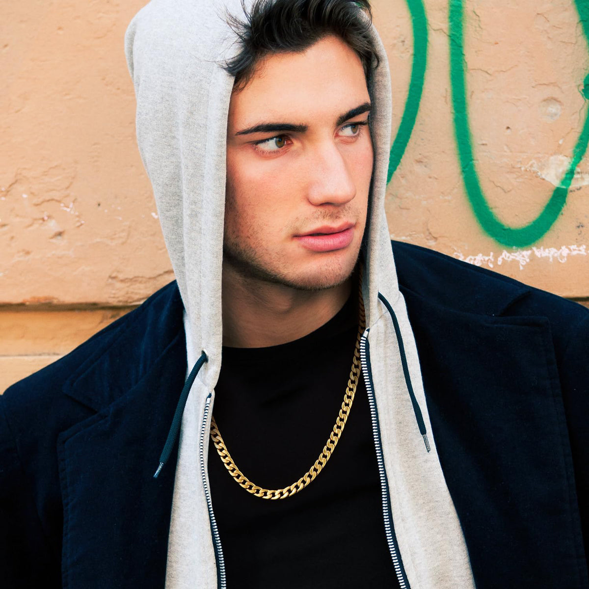 person wearing 6mm stainless steel Cuban chain necklace streetwear style