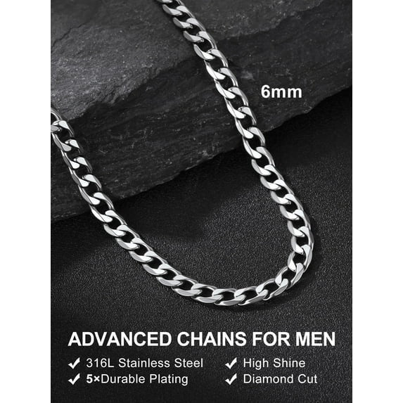 Detailed close-up image showing the polished links of the 6mm stainless steel Cuban chain.