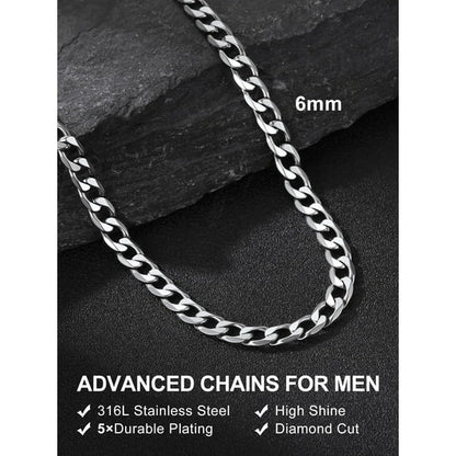 Detailed close-up image showing the polished links of the 6mm stainless steel Cuban chain.