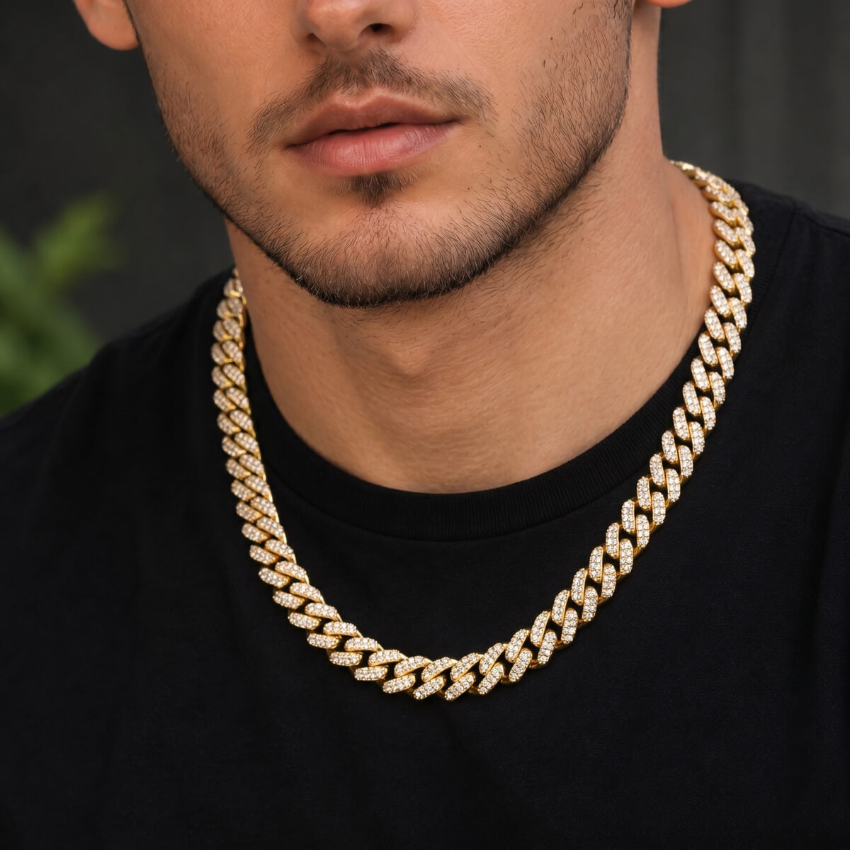 man wearing 6mm gold iced out Miami Cuban chain necklace hip hop jewelry