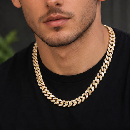 man wearing 6mm gold iced out Miami Cuban chain necklace hip hop jewelry
