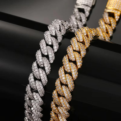 close view of gold and silver 6mm iced out Miami Cuban chain bracelets