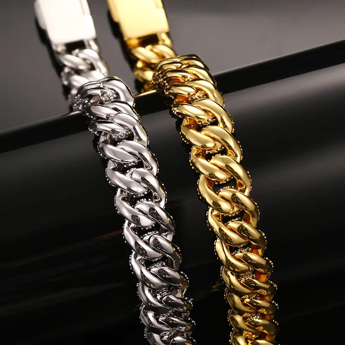 back close view of gold and silver 6mm iced out Miami Cuban chain bracelet