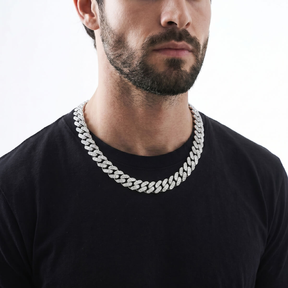 man wearing 6mm silver iced out Miami Cuban chain necklace with cubic zirconia stones