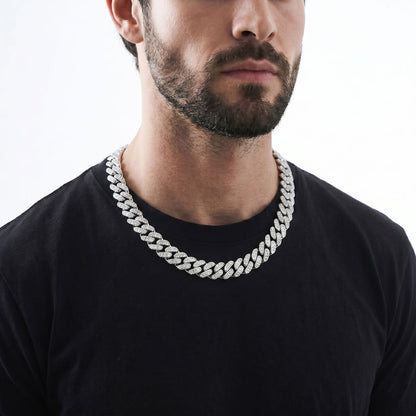 man wearing 6mm silver iced out Miami Cuban chain necklace with cubic zirconia stones