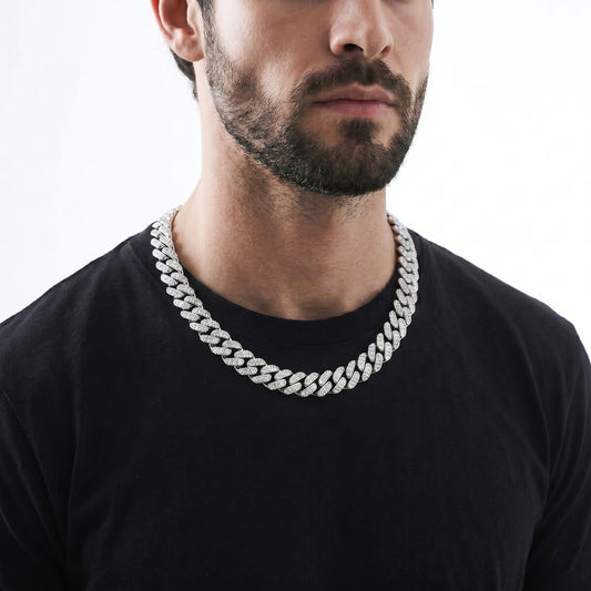 man wearing 6mm silver iced out Miami Cuban chain necklace with cubic zirconia stones