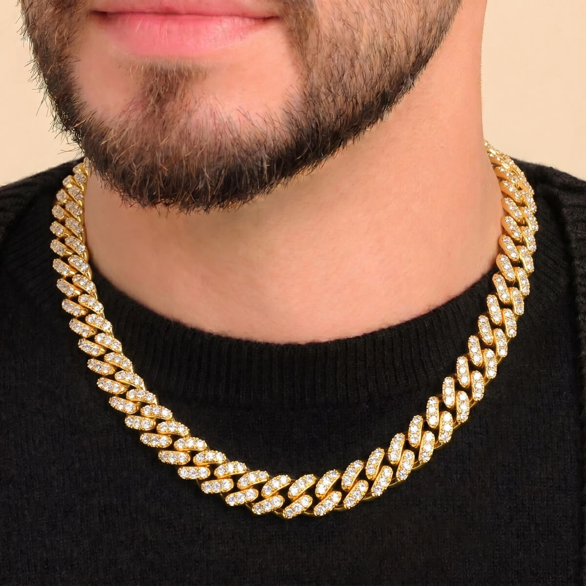 man wearing 8mm gold iced out Miami Cuban Cuban chain necklace