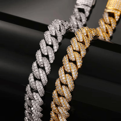 close view of gold and silver 8mm iced out Miami Cuban chain bracelets