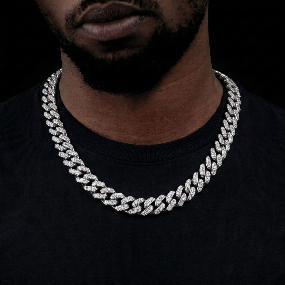 man wearing 8mm silver iced out Miami Cuban chain necklace