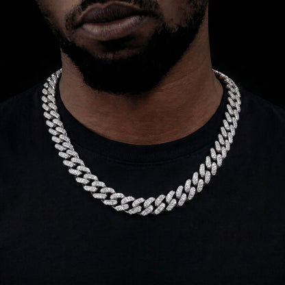 man wearing 8mm silver iced out Miami Cuban chain necklace