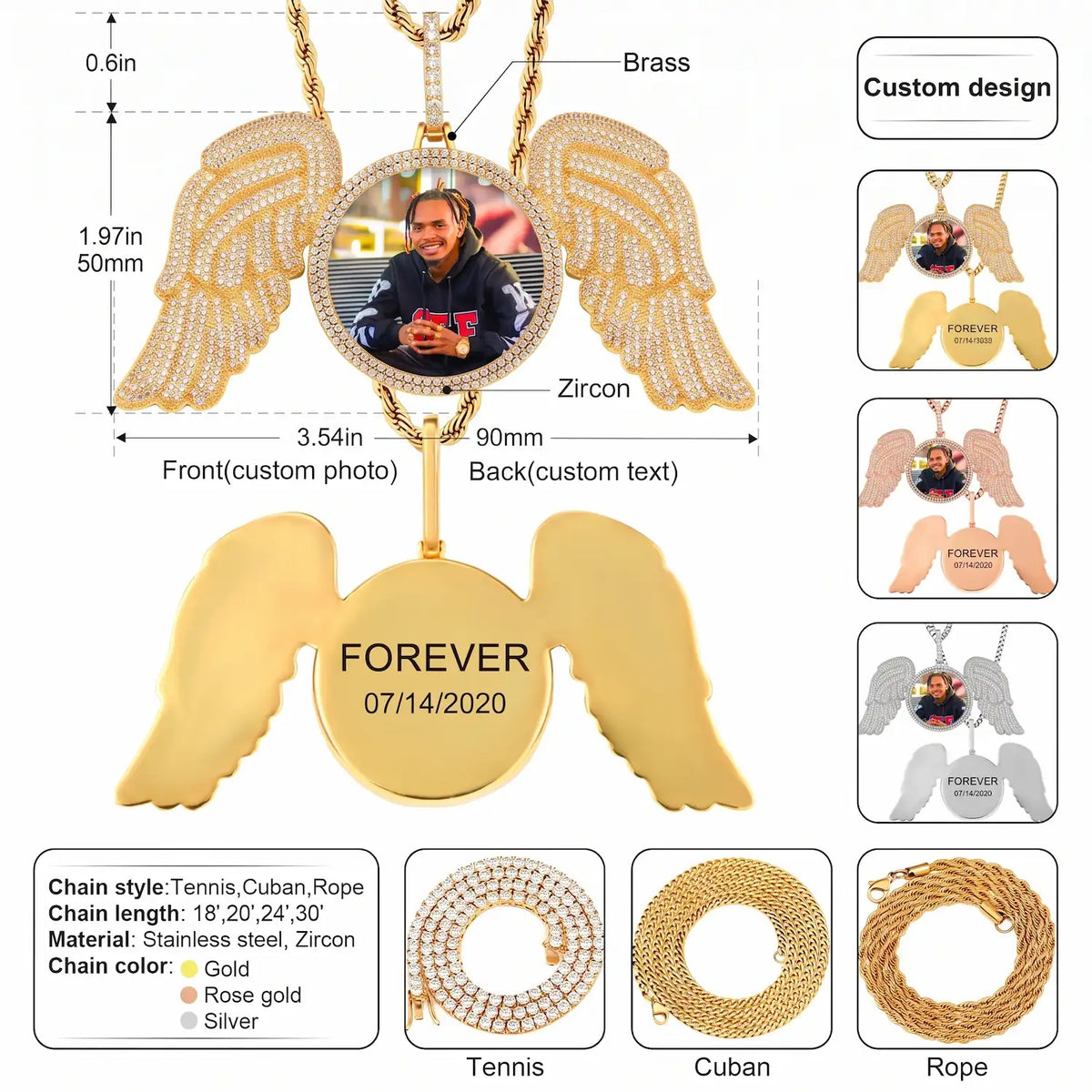 18K Gold Plated Custom Chain with Big Angle Wings Pendant
