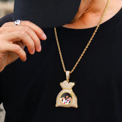 Custom Iced Out Chain With Picture Money Bag Pendant